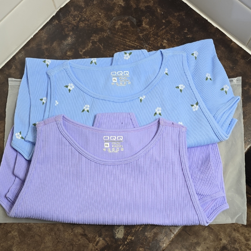 OQQ Blue and Purple Floral Tops